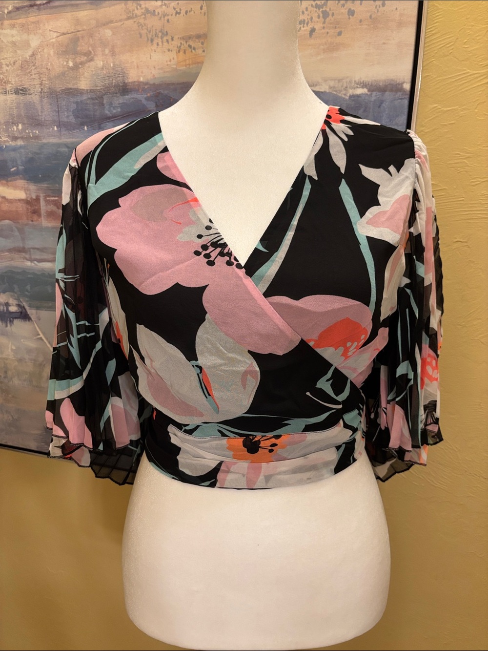Express Floral Sheer Wrap Crop Top - Black, Pink & Coral